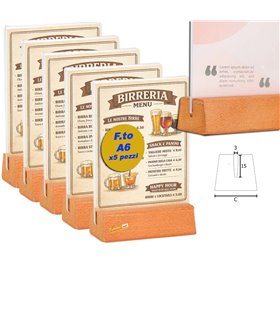 5 PZ PORTA AVVISI DA TAVOLO FORMATO A6 BANCO TRASPARENTE BIFACCIALE BASE IN LEGNO TASCA IN ACRILICO BAR PUB PANINOTECA BIRRERIA
