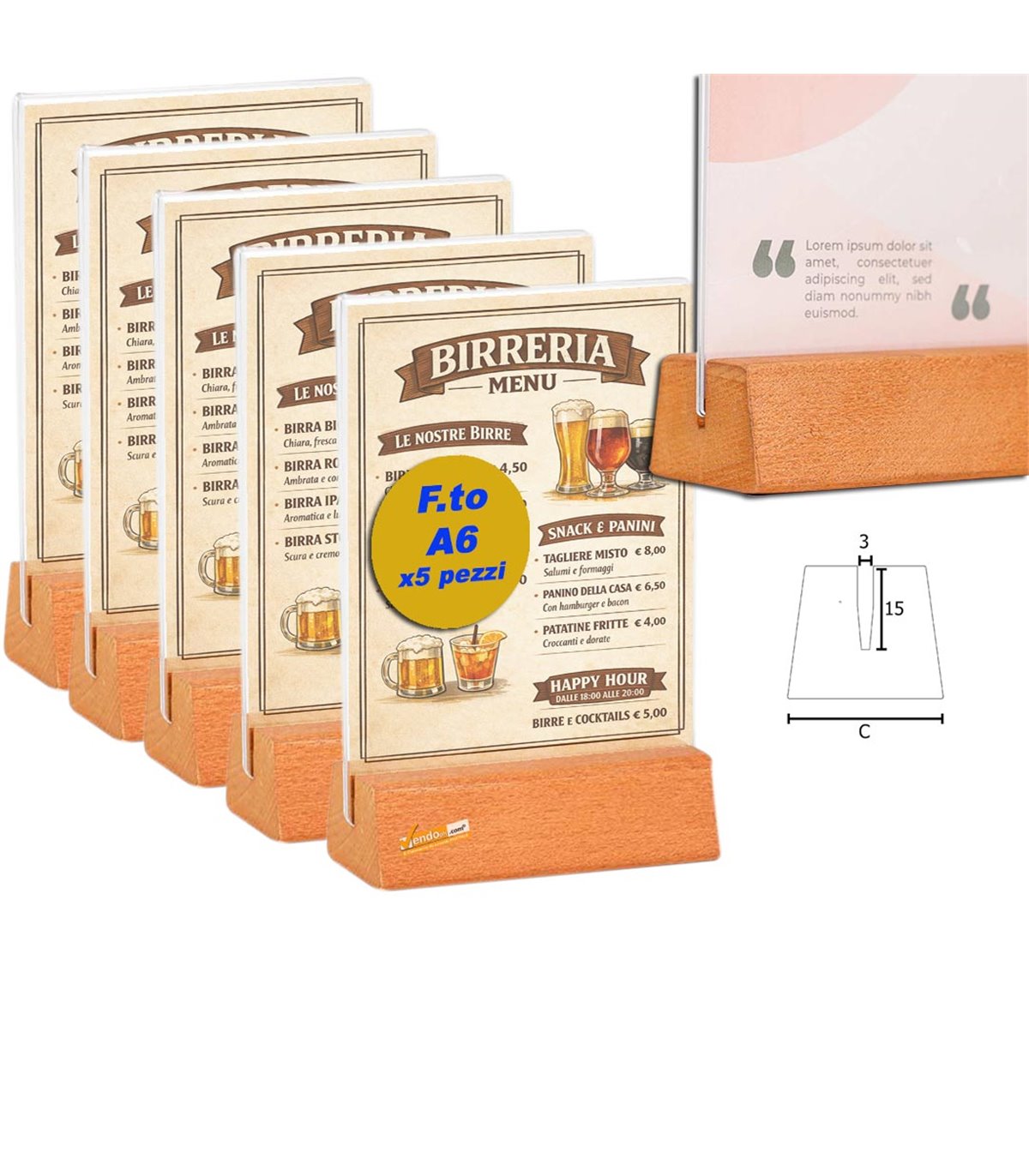 5 PZ PORTA AVVISI DA TAVOLO FORMATO A6 BANCO TRASPARENTE BIFACCIALE BASE IN LEGNO TASCA IN ACRILICO BAR PUB PANINOTECA BIRRERIA