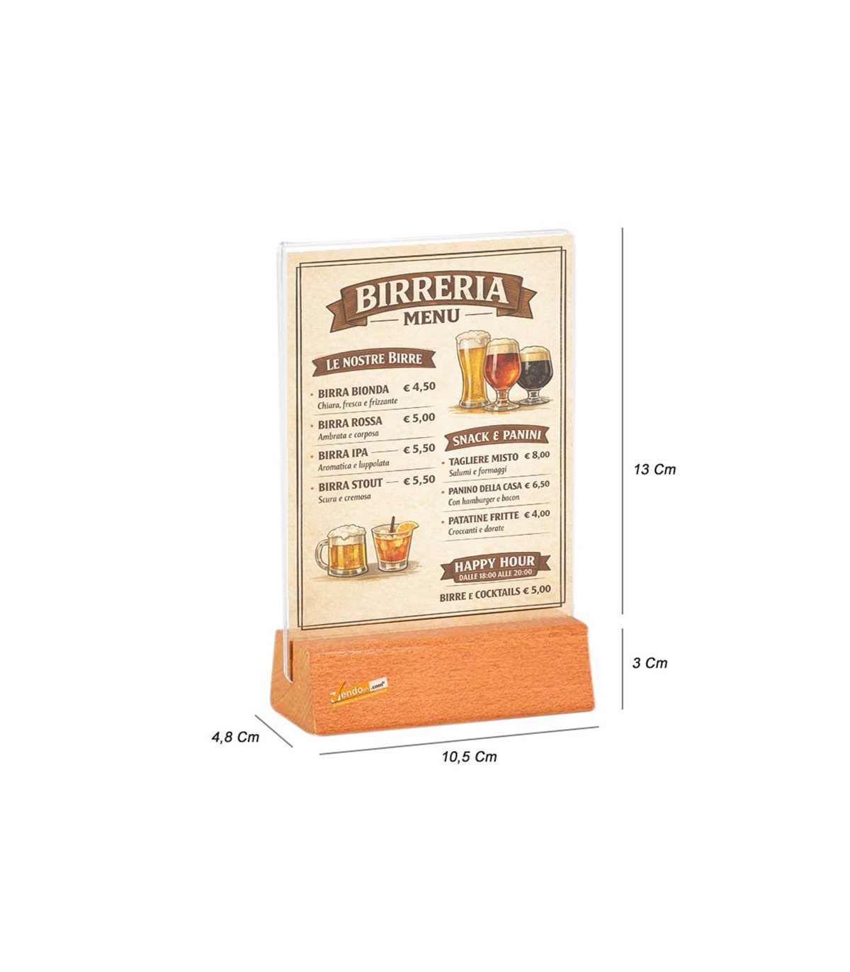 5 PZ PORTA AVVISI DA TAVOLO FORMATO A6 BANCO TRASPARENTE BIFACCIALE BASE IN LEGNO TASCA IN ACRILICO BAR PUB PANINOTECA BIRRERIA