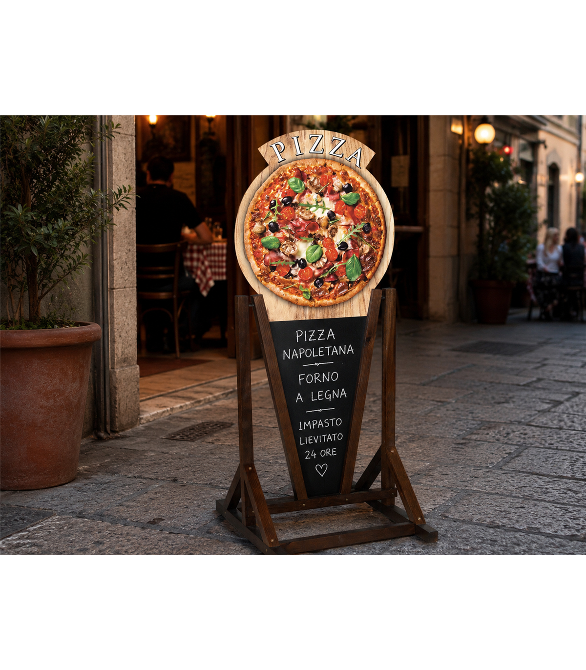 CAVALLETTO LAVAGNA DA ESTERNO CON TOPPER PIZZA DOPPIA FACCIA IN LEGNO