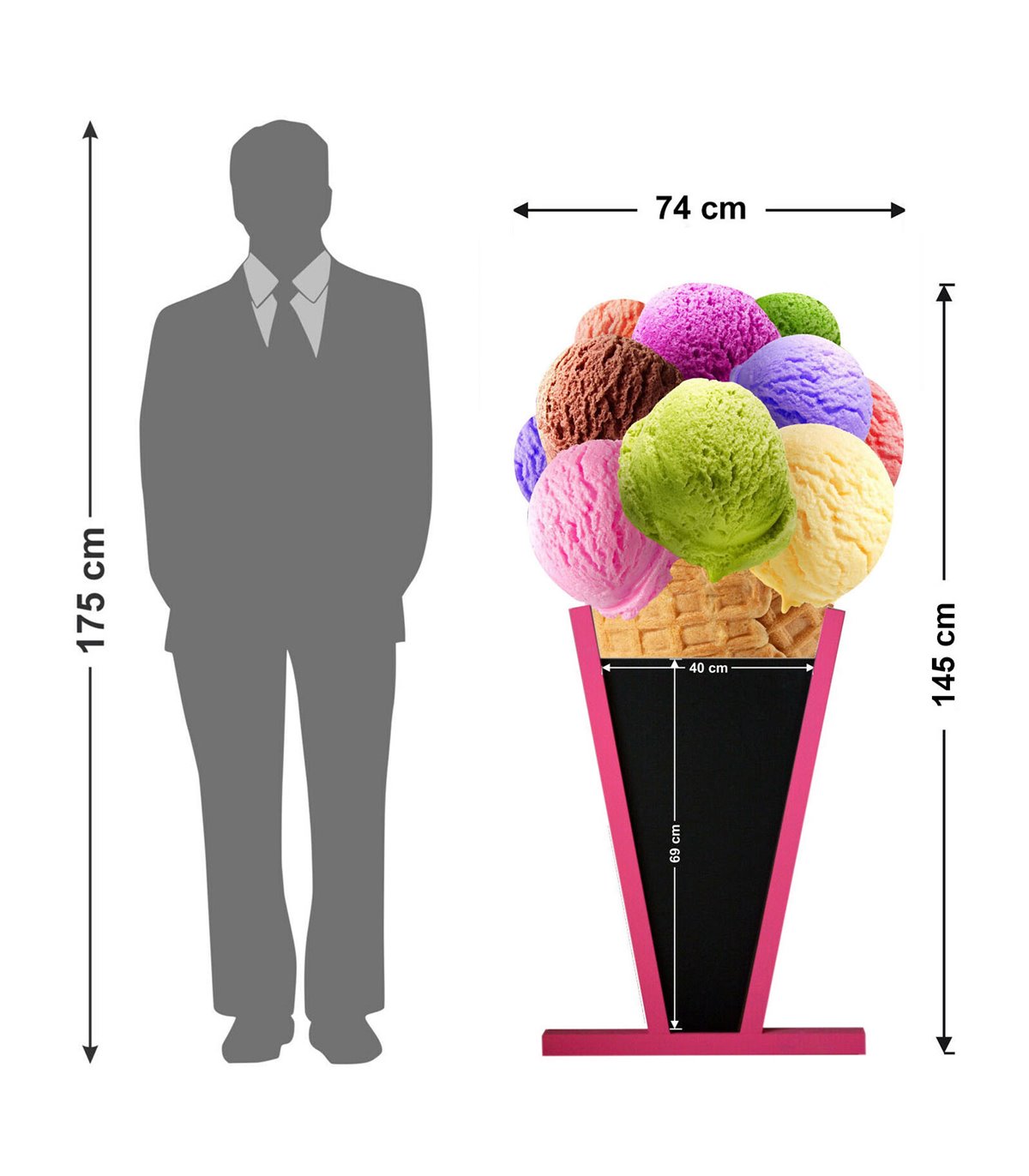 LAVAGNA PUBBLICITARIA A CONO GELATO PER ESTERNO, CAVALLETTO SCRIVIBILE IN ABS PER GELATERIE E BAR