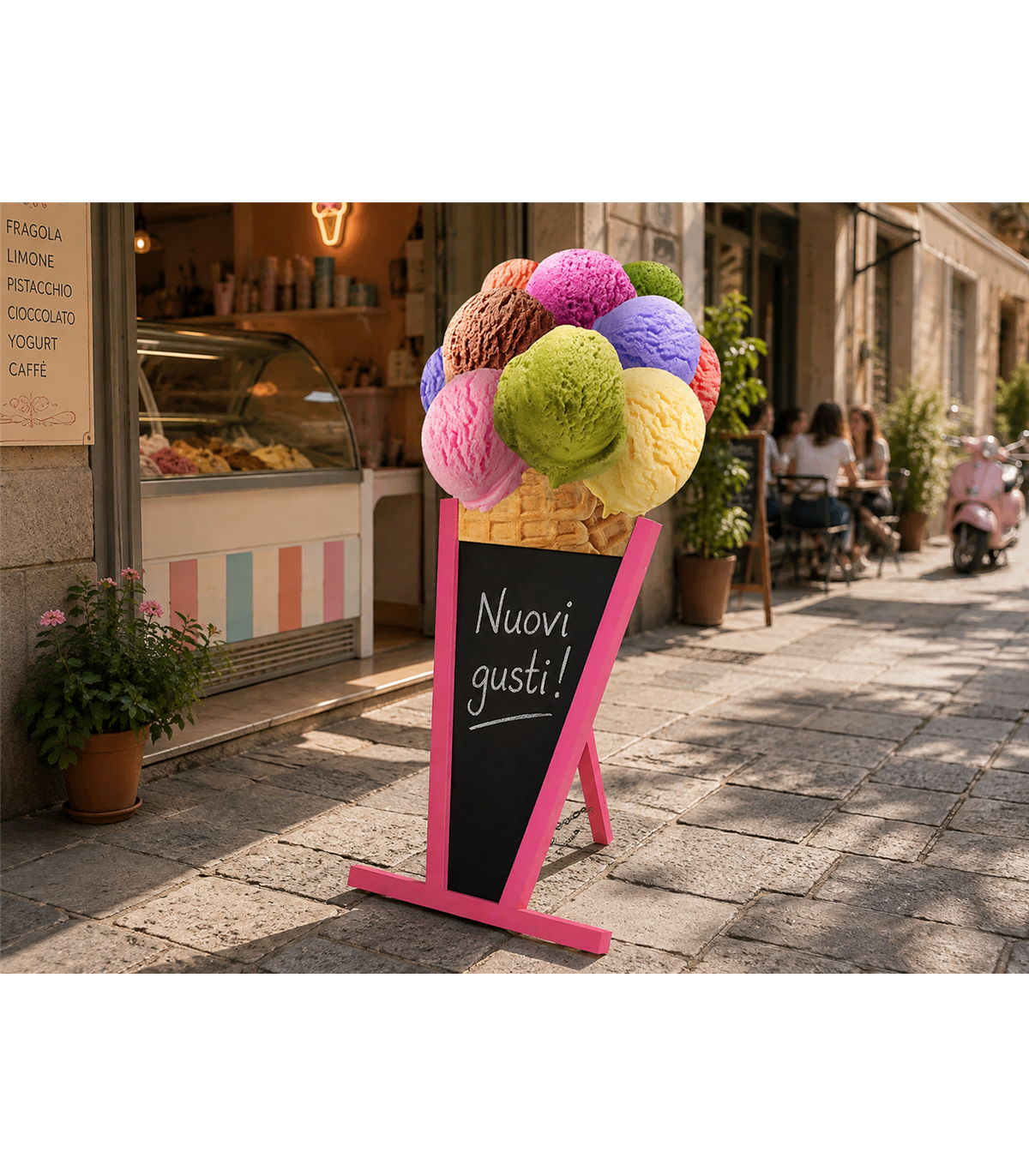 LAVAGNA PUBBLICITARIA A CONO GELATO PER ESTERNO, CAVALLETTO SCRIVIBILE IN ABS PER GELATERIE E BAR