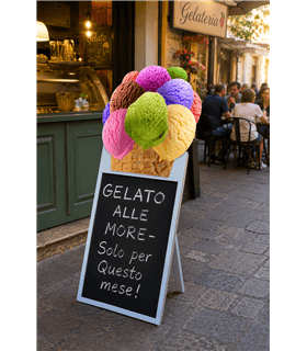 LAVAGNA PUBBLICITARIA CAVALLETTO PER GELATERIA CON TOPPER GELATO IN LEGNO PER PENNARELLI A GESSO
