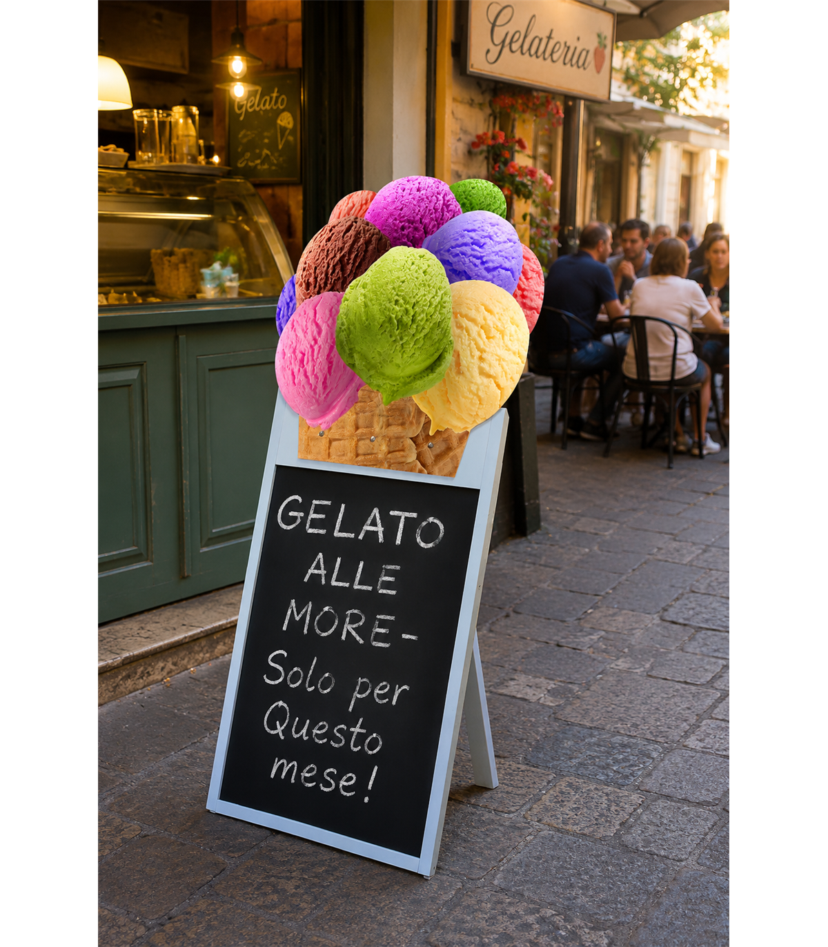 LAVAGNA PUBBLICITARIA CAVALLETTO PER GELATERIA CON TOPPER GELATO IN LEGNO PER PENNARELLI A GESSO