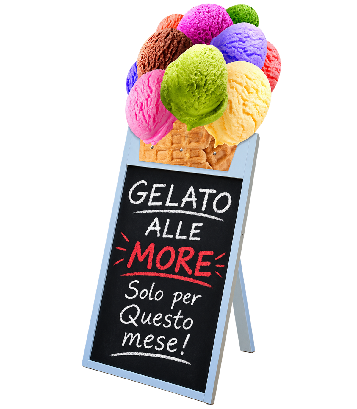 LAVAGNA PUBBLICITARIA CAVALLETTO PER GELATERIA CON TOPPER GELATO IN LEGNO PER PENNARELLI A GESSO