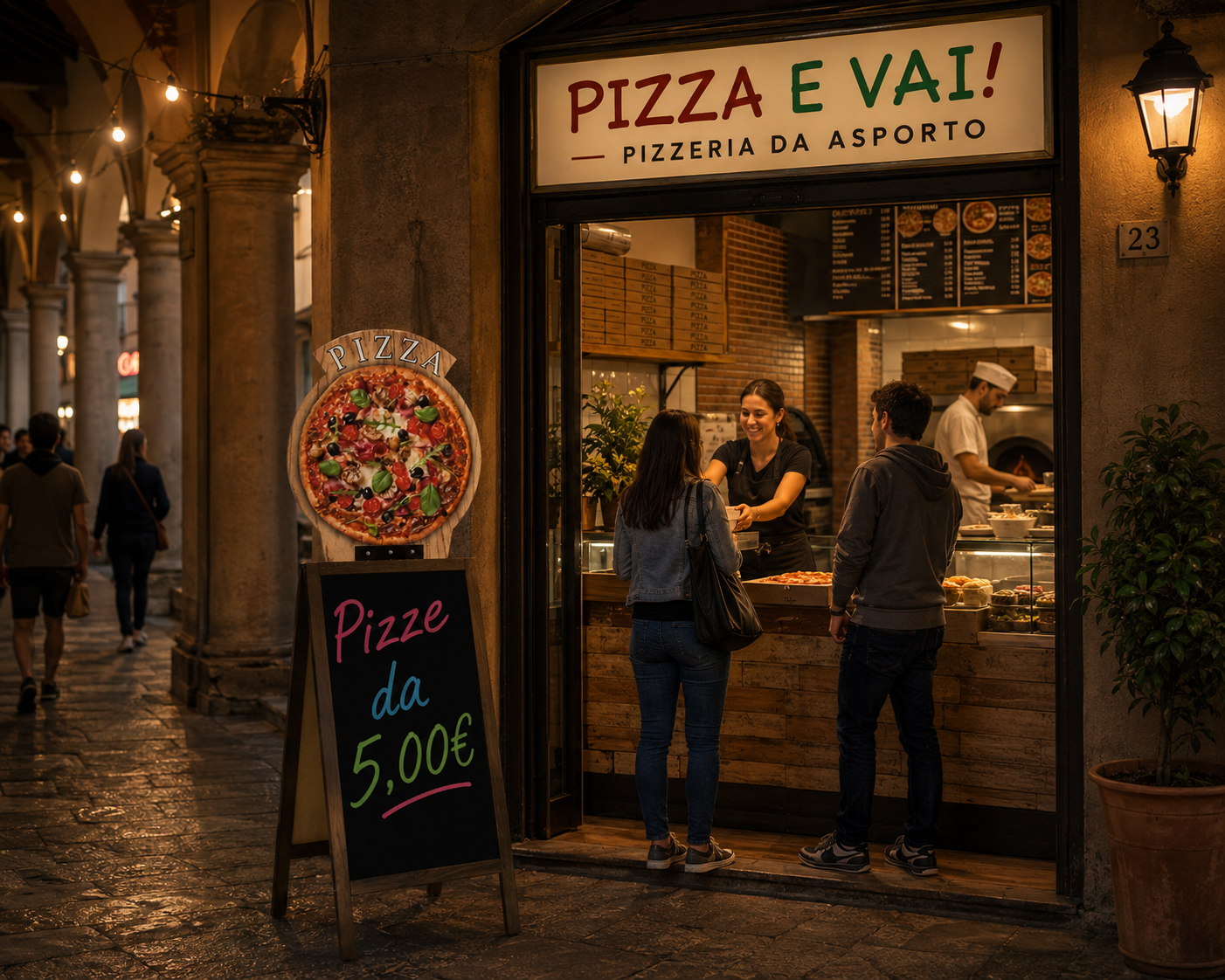 Cavalletto lavagna in legno con topper pizza davanti a una pizzeria