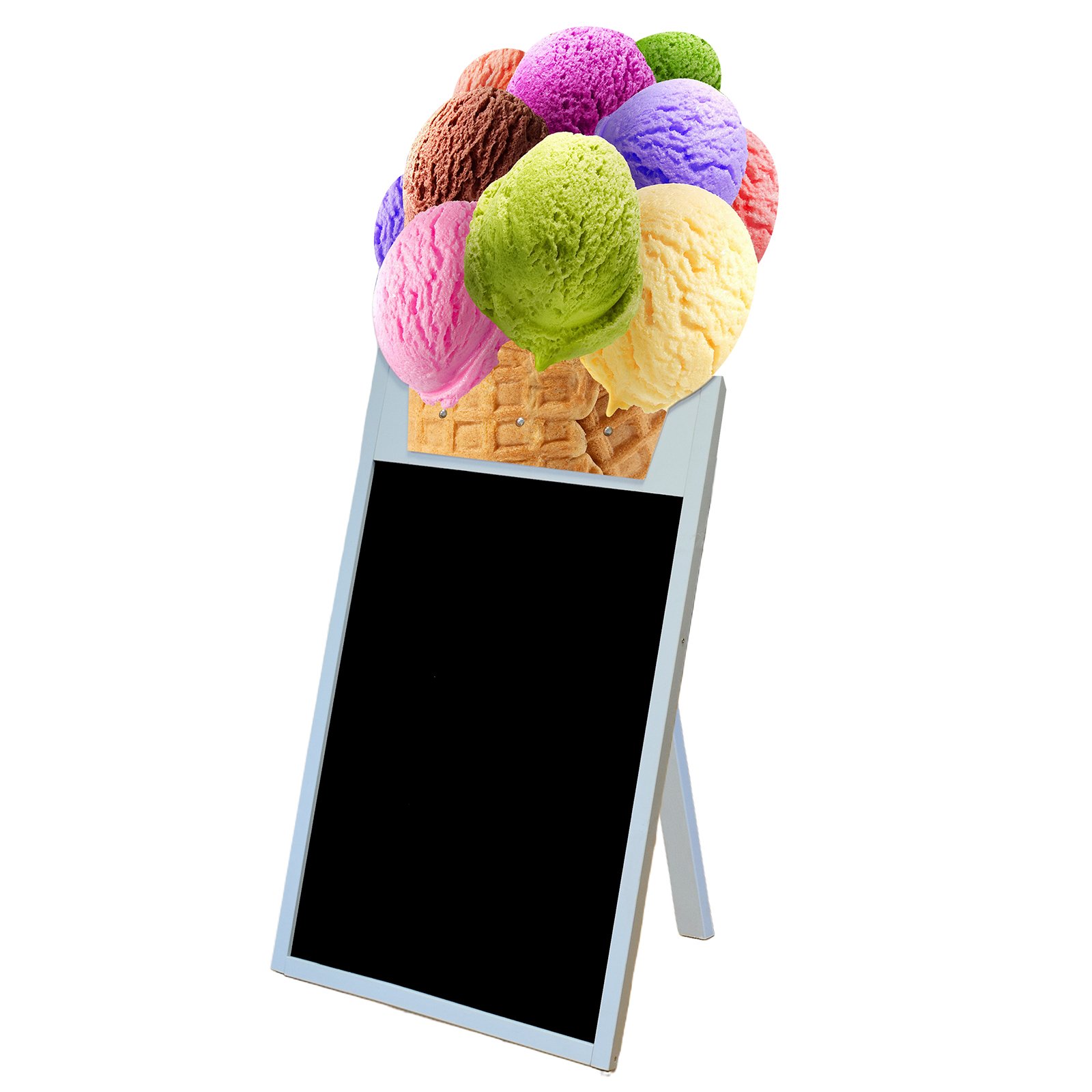 Cavalletto lavagna pubblicitaria blu con topper gelato posizionato all'esterno di una gelateria
