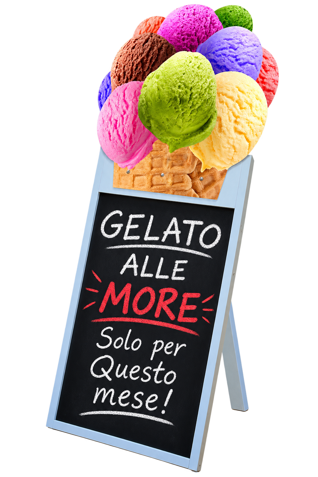 Dettaglio lavagna scrivibile con gesso liquido su cavalletto pubblicitario a tema gelato