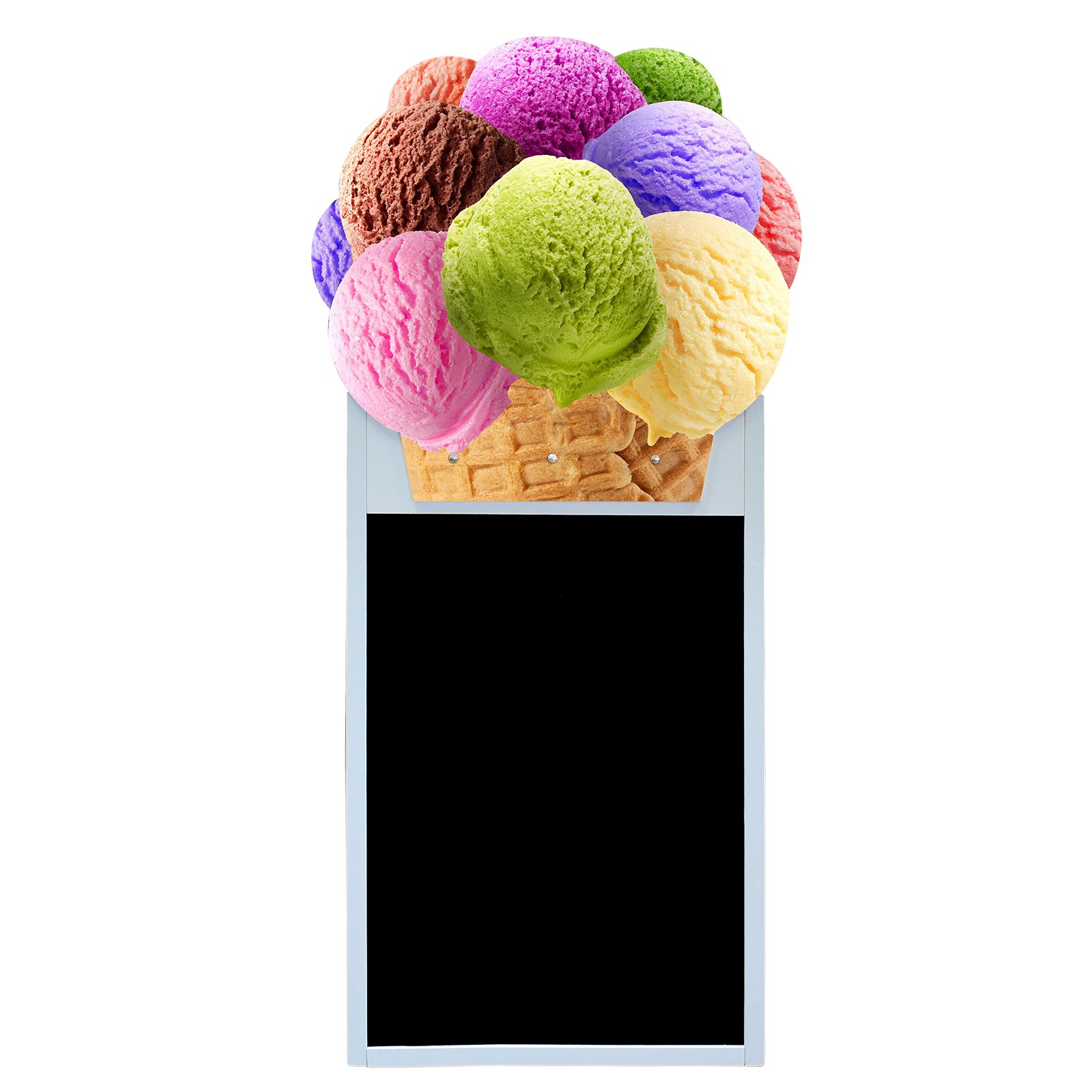 Vista frontale dell'espositore pubblicitario blu con lavagna nera e topper gelato