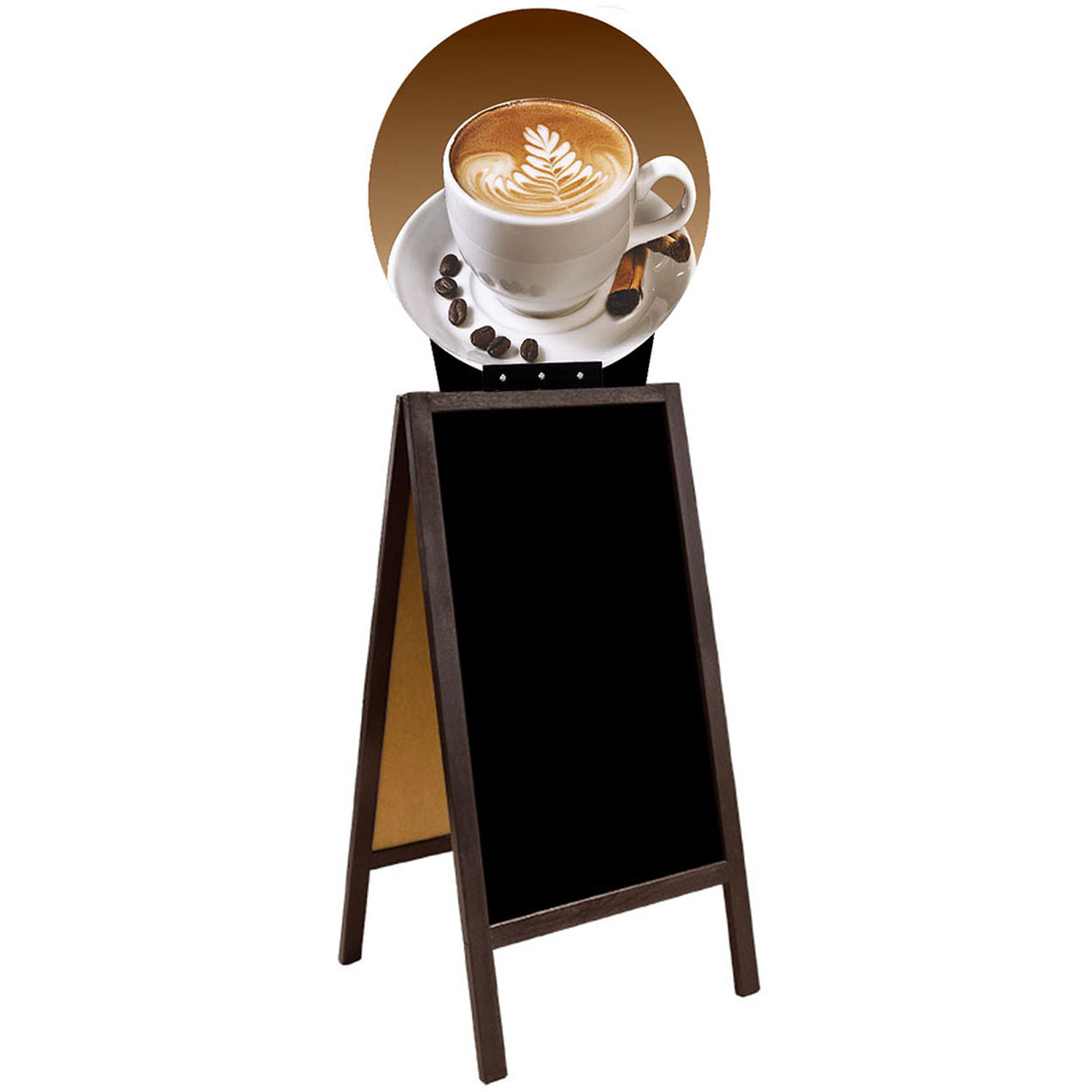 A-board pubblicitaria in legno con topper tazzina, vista prodotto