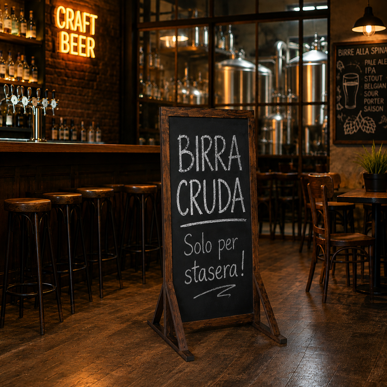 Lavagna pubblicitaria doppia faccia posizionata in un locale bar per promozioni e menu