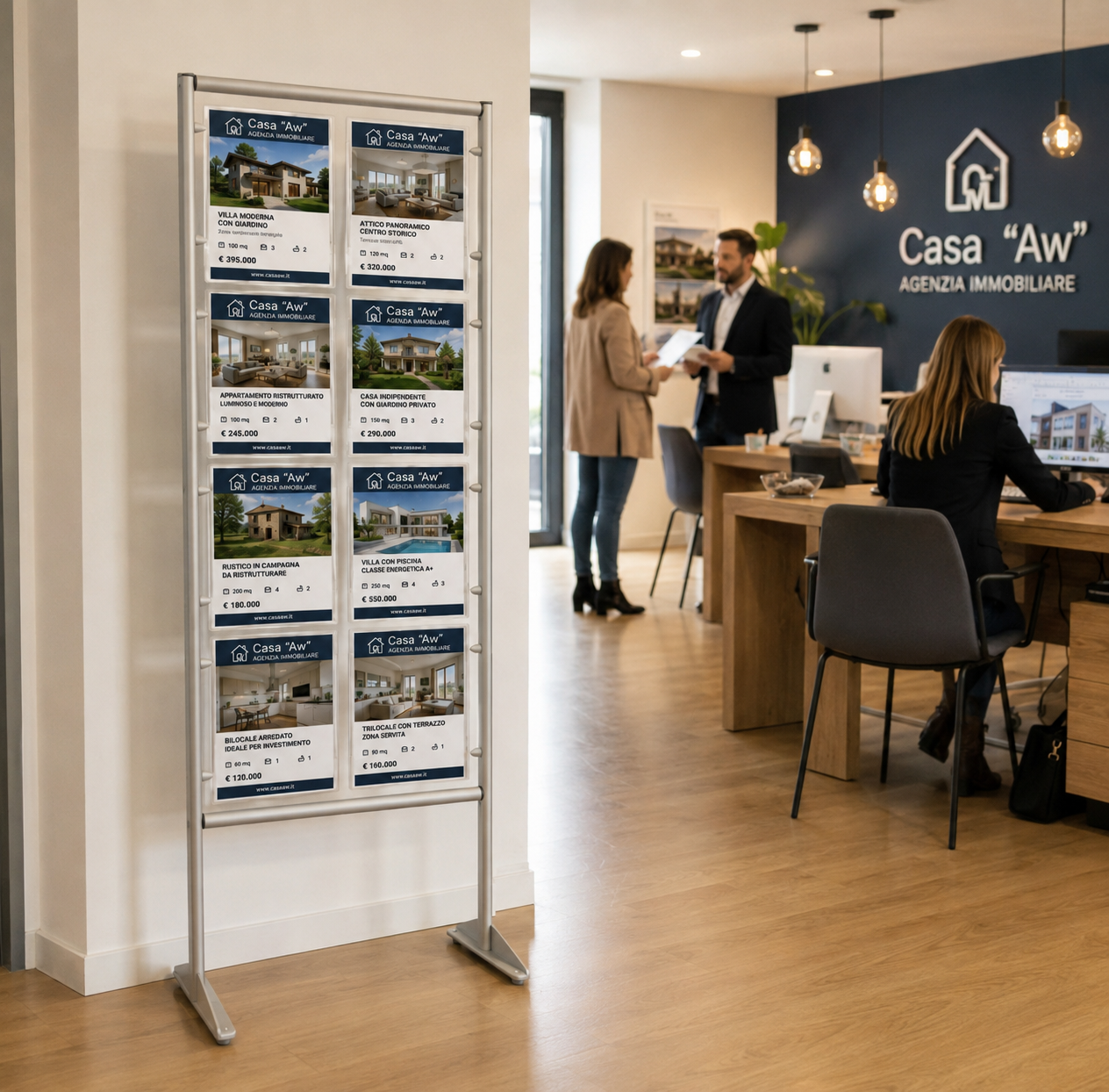 Espositore da pavimento con 8 tasche A4 verticali installato in un ufficio immobiliare