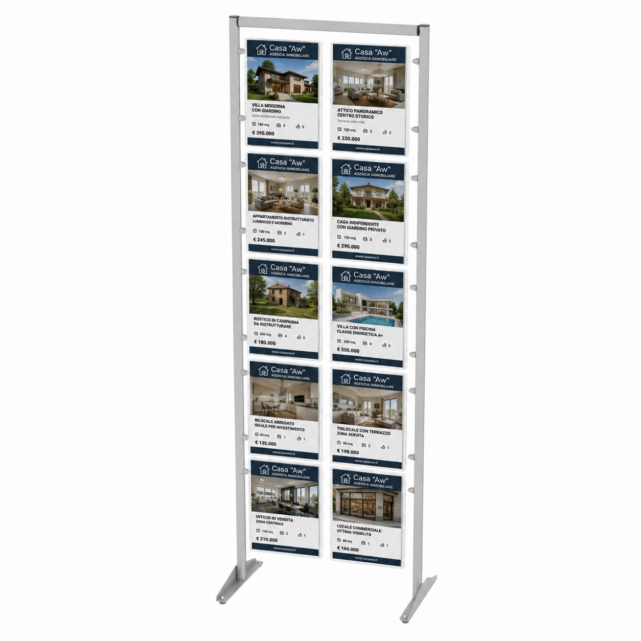 Espositore autoportante con 8 tasche A4 verticali in plexiglass e struttura silver