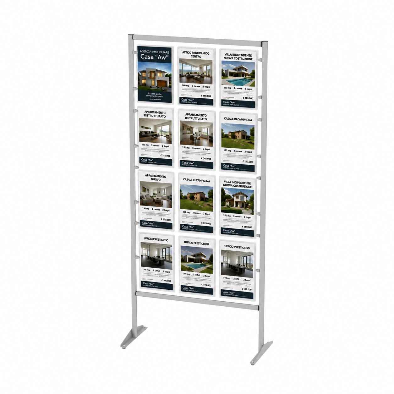 Struttura espositore in alluminio anodizzato con tasche plexiglass trasparenti