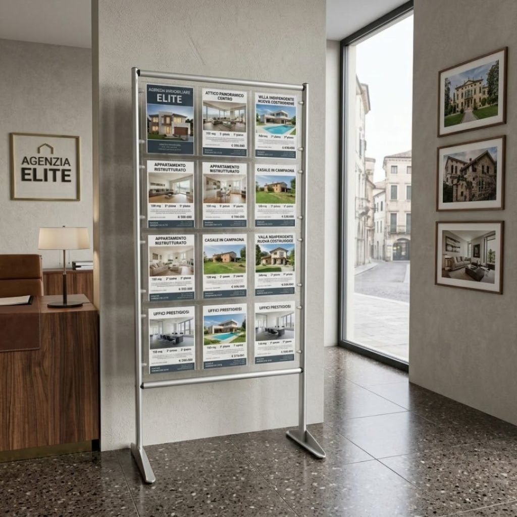 Espositore da terra con 12 tasche A4 verticali posizionato in agenzia immobiliare